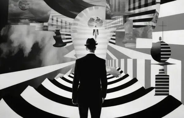 Mężczyzna w kapeluszu wchodzi w surrealistyczny labirynt. Obraz w stylu trompe l'oeil, pełen geometrycznych wzorów i iluzji.