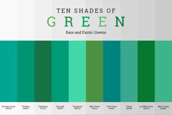 Ten shades of green, from Persian Green to Mint Cream, including a deep viridian.