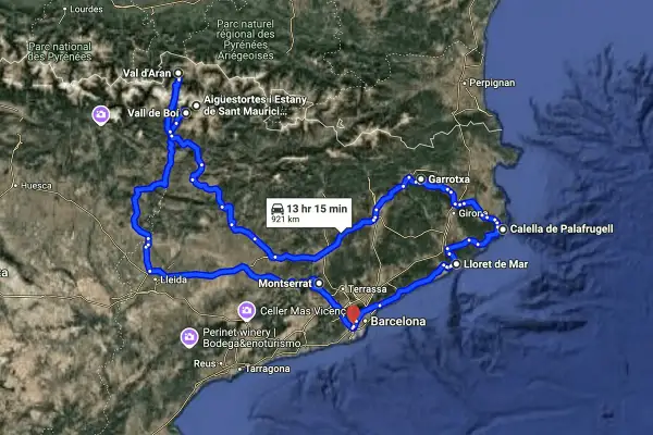 Route für **Barcelona 3 Tage**: Von den Pyrenäen über Montserrat und die Küste bis nach Girona. 921 km, 13h 15min Fahrzeit.