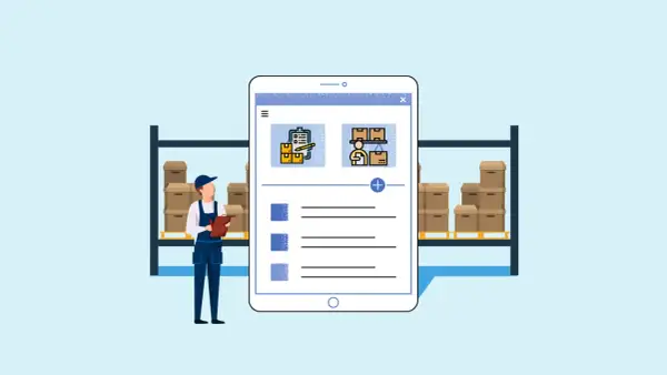 Trabajador con portapapeles frente a estanterías con cajas. Tablet muestra iconos de gestión del inventario y lista de tareas.