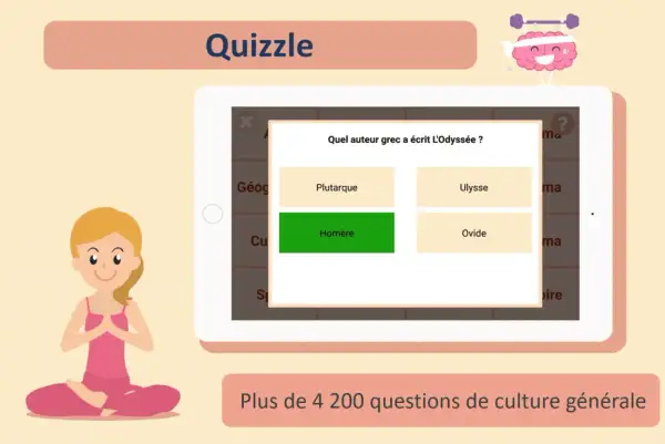 Exemple d'animation pour personnes âgées : une tablette affiche un quiz sur l'Odyssée, avec une jeune femme en posture de yoga à côté.