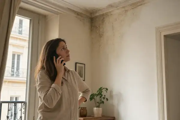 Femme inquiète au téléphone, constatant des moisissures au plafond. Elle espère une obligation de relogement par la mairie.