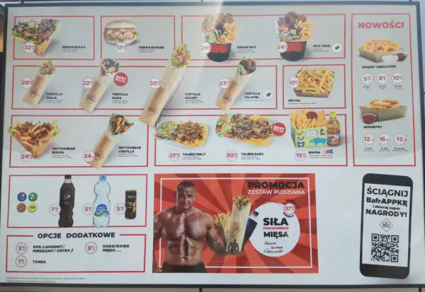 Menu Bafra Kebab: tortille, frytki, boxy, talerze, nuggetsy, krążki cebulowe. Promocja zestaw pudziana z mięsem.