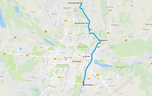 Trasa rowerowa przez Poznań, od Stawów Moraskich do Hetmańskiej, z zaznaczoną wartostradą.