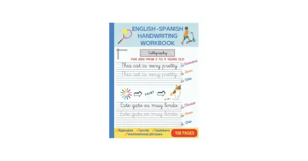 Plantillas caligrafía para niños de 5 a 9 años, con frases en inglés y español para practicar escritura y pintura.
