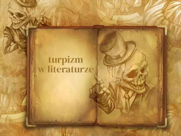 Otwarta księga z tekstem "turpizm w literaturze". Po prawej szkic szkieleta w cylindrze i garniturze, po lewej inny szkielet.
