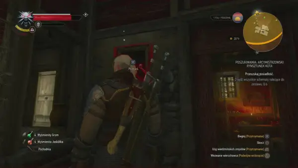 Geralt szuka schematów do arcymistrzowskiego rynsztunku kota w zrujnowanej posiadłości.