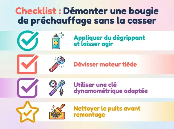 Checklist pour changer une bougie de préchauffage : appliquer dégrippant, dévisser moteur tiède, utiliser clé dynamométrique, nettoyer puits.