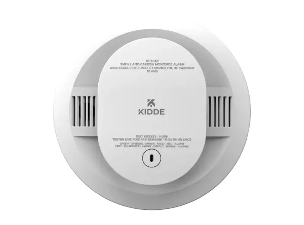 Détecteur Kidde 10 ans, fumée et monoxyde de carbone. Un bip toutes les 30 secondes indique un défaut. Vert = OK, Ambre = défaut, Rouge = alarme.