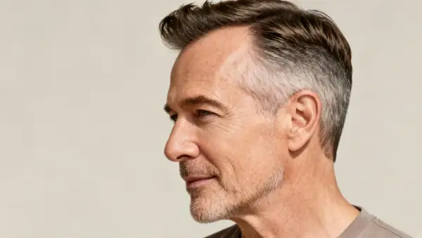 Ein Mann mit einem modernen Haarschnitt und dicken Haaren, die grau meliert sind.