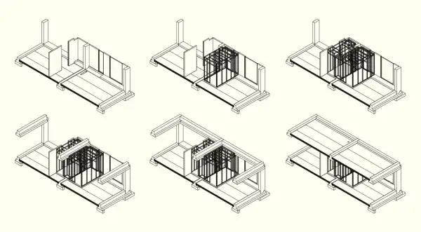 Diagrama de montaje de cabinas de baño prefabricadas, mostrando la estructura y la adición de módulos.