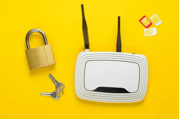 Zapewnij bezpieczeństwo swojego **internetu domowego**! Na żółtym tle leżą: biały router Wi-Fi, złota kłódka z kluczami oraz trzy karty SIM.