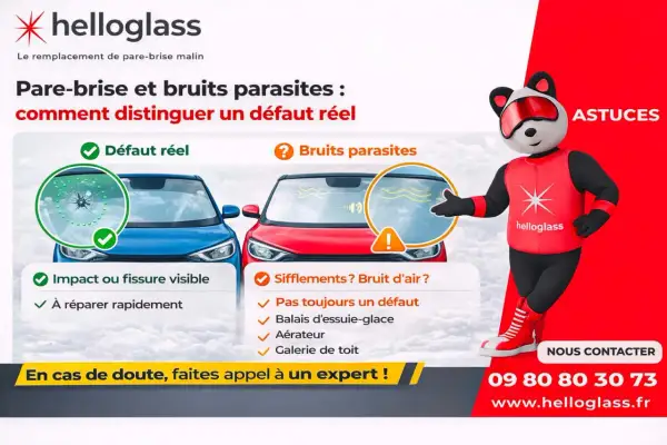 Comparaison entre un défaut réel de pare-brise (impact) et les bruits parasites, comme un sifflement de voiture dû aux essuie-glaces.