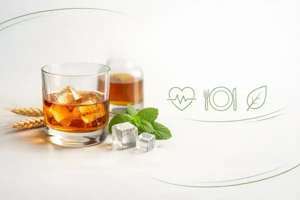 Szklanka whiskey z lodem, miętą i kłosami zbóż. Obok ikony serca, talerza i liścia. Czy whiskey jest zdrowe?
