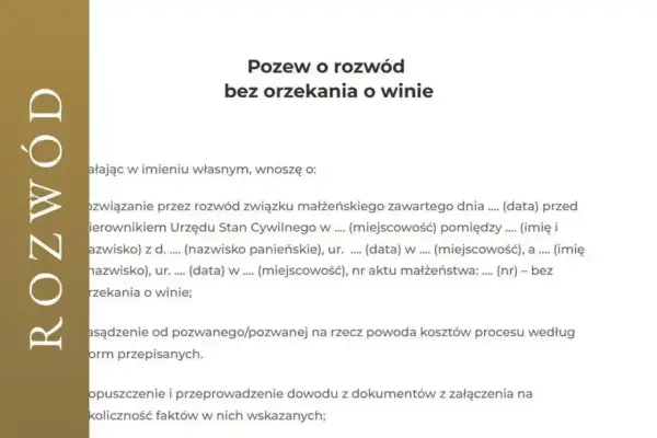 Pozew o rozwód bez orzekania o winie. Dokument zawiera dane dotyczące zawarcia związku małżeńskiego i prośbę o rozwiązanie go.