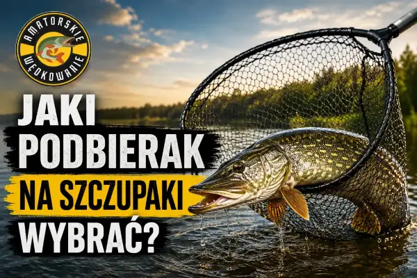 Szczupak w siatce gumowej, gotowy do podebrania. Logo "Amatorskie Wędkowanie" i tekst "Jaki podbierak na szczupaki wybrać?".