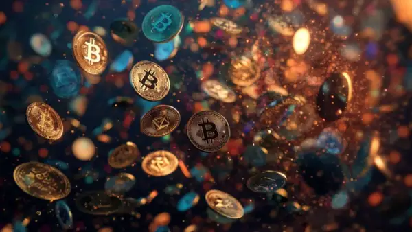 Złote monety z symbolem "B" wirują w powietrzu, sugerując, która kryptowaluta wystrzeli.