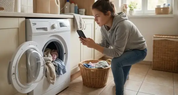Młoda kobieta sprawdza w telefonie, czy trzeba prać nowe ubrania, obok otwartej pralki i kosza z praniem.