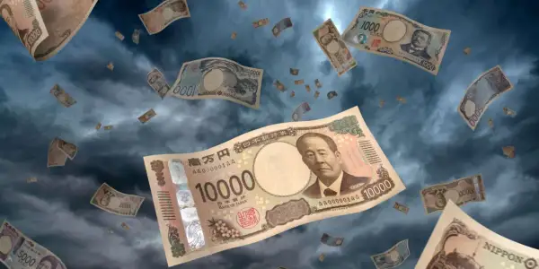 Deszcz banknotów, waluta Japonii, jeny spadają z nieba na tle burzowych chmur.