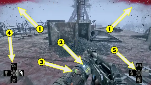 Wskazówki do gry Metro Exodus: poradnik pokazuje drogę, cele i interfejs. Strzałki kierują gracza.