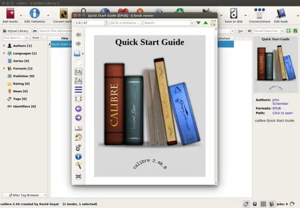 Un lecteur epub Windows gratuit : Calibre affiche le guide de démarrage rapide d'un livre électronique au format EPUB.