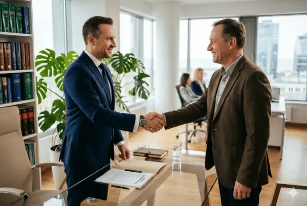 Dwóch mężczyzn w garniturach ściska sobie dłonie, symbolizując porozumienie i zadośćuczynienie. W tle widać regały z książkami prawniczymi i biuro.