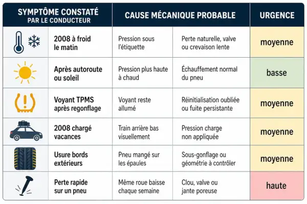 Tableau des causes probables de problèmes de pression pneu 3008 : froid, soleil, voyant TPMS, vacances, usure, crevaison.