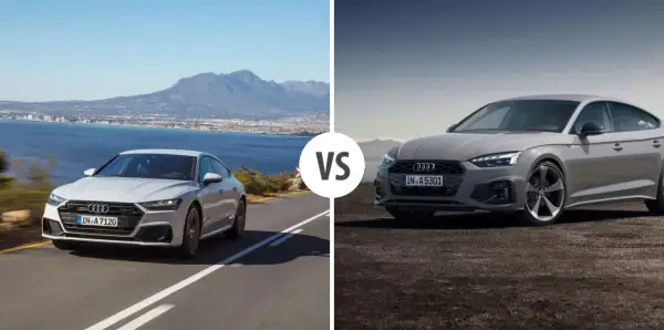 Porównanie Audi A7 i A5. Białe A7 na krętej drodze z widokiem na morze i góry. Szare A5 na tle pustkowia.