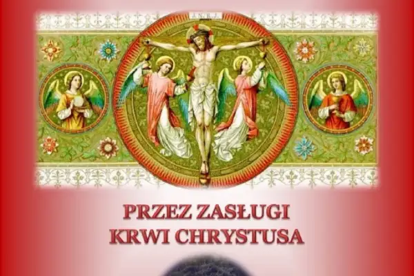 Litania do Serca Pana Jezusa czytana. Ukrzyżowanie z aniołami i napisem "Przez zasługi krwi Chrystusa".