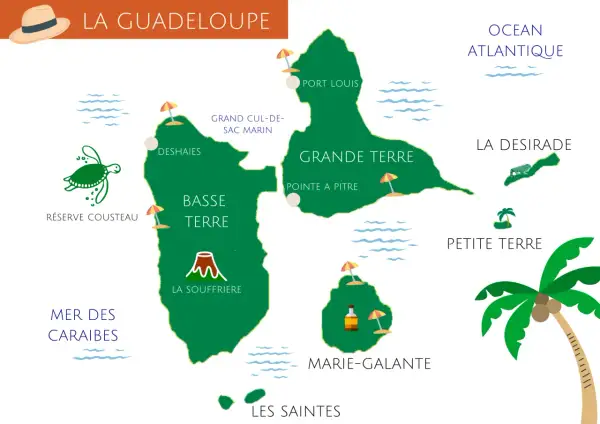 Carte de la Guadeloupe, idéale pour un circuit de 15 jours. Explorez Basse-Terre, Grande-Terre, Les Saintes, Marie-Galante et La Désirade.