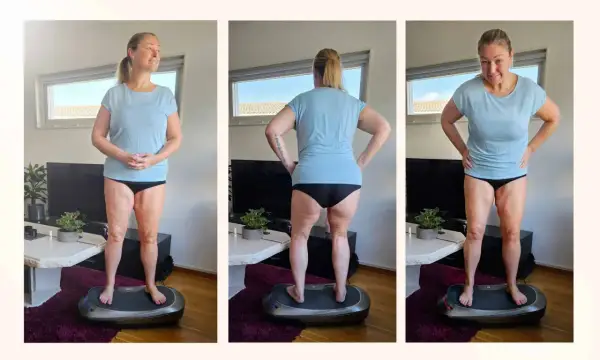 Kvinna på vibrationsplatta. Vissa menar att vibrationsplatta farligt, men hon verkar njuta av träningen.