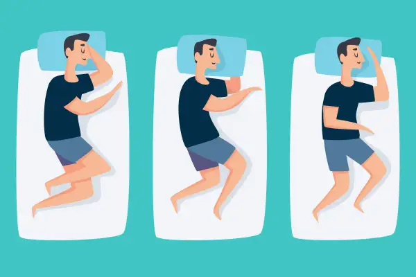 Three men sleep in different positions. The middle and right positions may help with acid reflux.