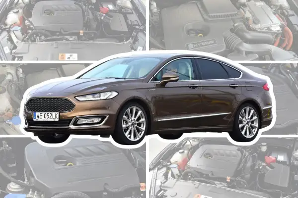 Brązowy Ford Mondeo MK5, hybrydowy sedan, z widokiem na silnik EcoBoost.