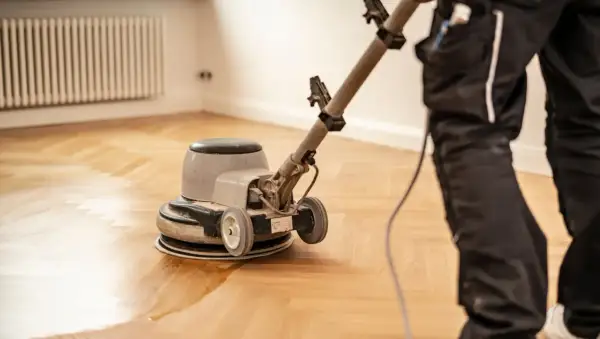 Ein Handwerker versiegelt einen Parkettboden mit einer Poliermaschine. Der frisch versiegelte Boden glänzt.