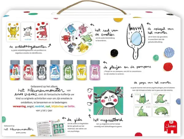 Koffertje met spelletjes over kleurenmonsters en emoties: ontdekkingskaarten, rad van emoties, flesjes met pompons, spiegel, magneetbord, yogakaarten en gids.