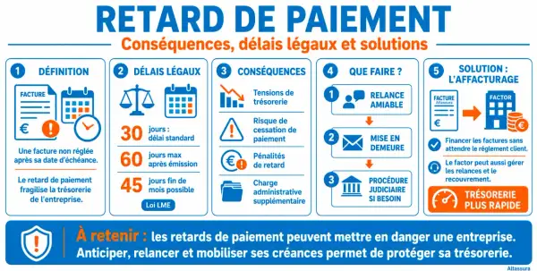 Infographie sur le retard de paiement : définition, délais légaux, conséquences, actions et solution d'affacturage. La date d'échéance est cruciale.