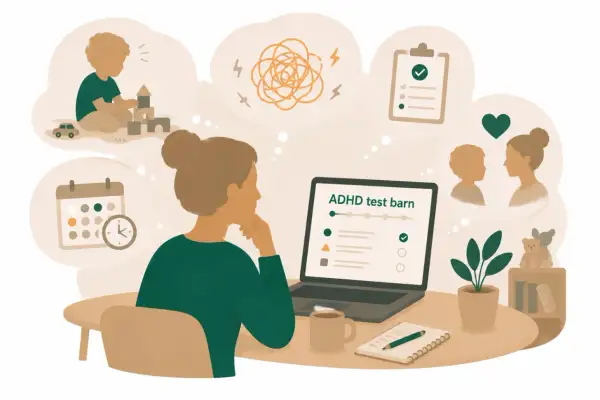 En person sitter vid en dator som visar "ADHD test barn". Tankebubblor visar ett barn som leker, en kalender, oro, en checklista och en mamma med sitt barn.
