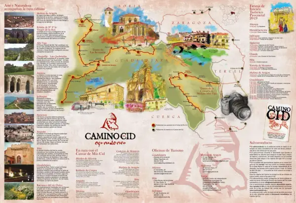 Mapa ilustrado de la ruta del Cid, con pueblos, monumentos y citas del Cantar.