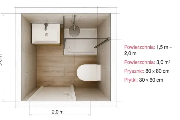 Mała łazienka w bloku 2m2 z prysznicem 80x80cm, umywalką i toaletą. Drewnopodobne płytki na podłodze i jasne na ścianach.