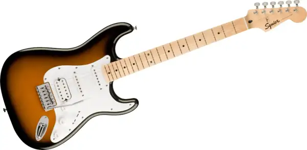 Klasyczna gitara elektryczna Squier Stratocaster w kolorze sunburst. Idealna do nauki gry online.