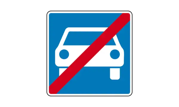 Blaues Schild mit weißem Auto und rotem Querbalken. Ende der Autobahn oder Schnellstraße.