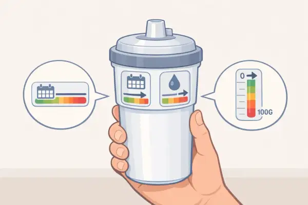 Main d'une personne tenant un filtre cto. Des bulles indiquent l'état du filtre : calendrier, goutte d'eau et jauge de 100g.