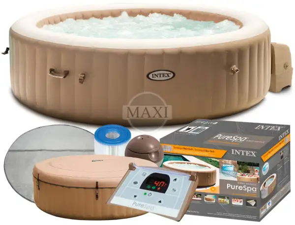 Nadmuchiwane jacuzzi Intex Pure Spa z akcesoriami: pompą, filtrem i pokrywą. Idealne do relaksu w ogrodzie.