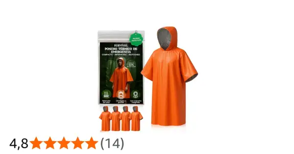 Poncho de supervivencia naranja, térmico y reutilizable. Ideal para emergencias, compacto, impermeable y con capucha.