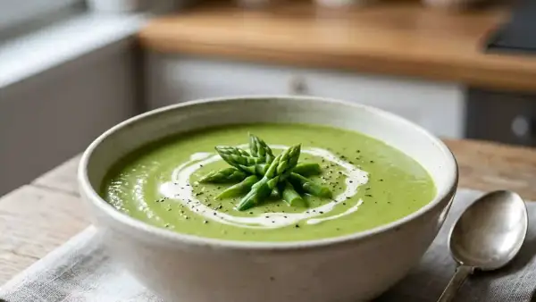 Un bol de velouté d'asperges crémeux, garni de pointes d'asperges fraîches et d'un filet de crème. Un délice printanier.