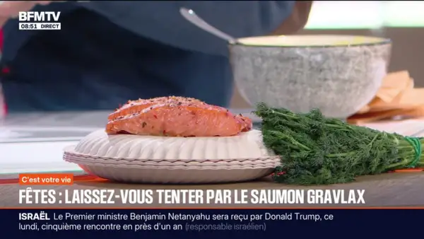 Un beau morceau de saumon gravlax, prêt à être dégusté, avec de l'aneth frais. Une recette parfaite pour les fêtes !