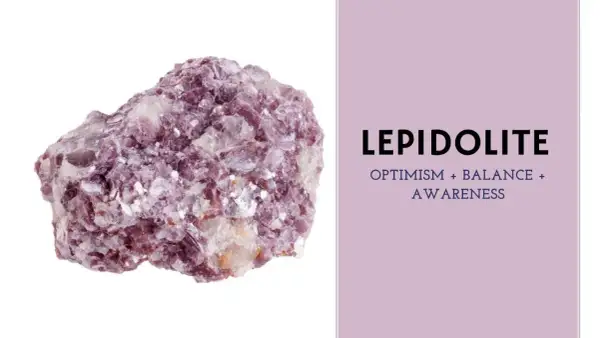 Cristal de lepidolita morado, conocido por sus propiedades de optimismo, equilibrio y conciencia.