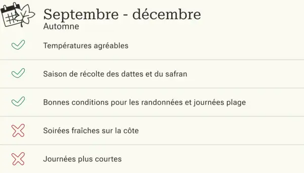Septembre-décembre : parfait pour un trek Maroc avec températures agréables, récolte de dattes et safran, et bonnes conditions pour randonnées et plage.