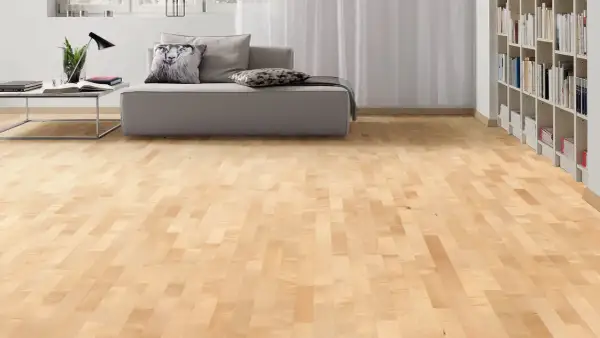 Suelo de parquet en color madera arce, con un sofá gris y estanterías llenas de libros al fondo.