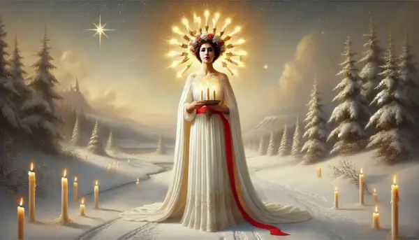 Lucia von Syrakus, gekrönt mit Kerzen, trägt Licht durch eine verschneite Winterlandschaft.